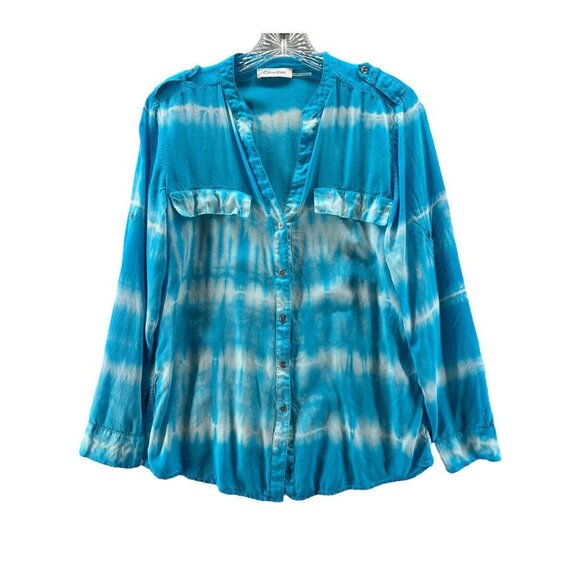 Calvin Klein Womens Top Small V Neck Tye Dyed Roll Tab Long Sleeve Blue Epaulet - Picture 2 of 10